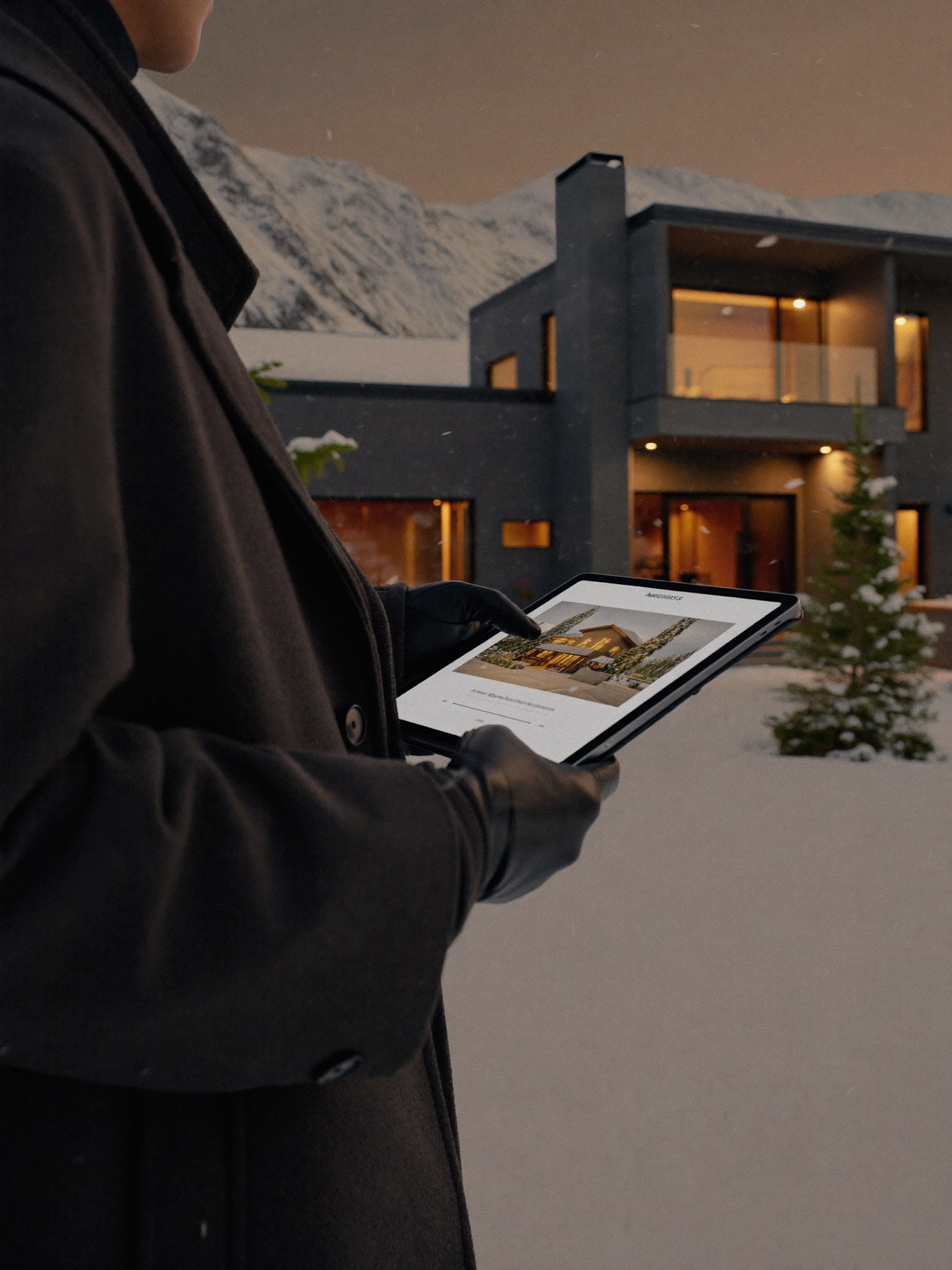 Sacred Spaces caretaker reviewing a home on a tablet outside a lit mountain estate at dusk